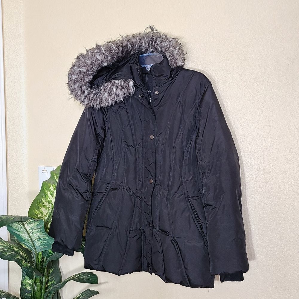 London Fog Black Puffer Coat with Faux Fur Trim